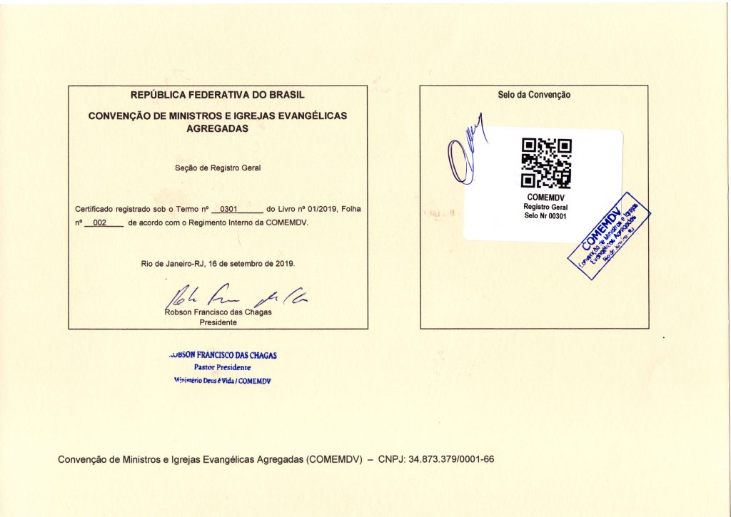 Certificado de filiação a COMEMDV 2019